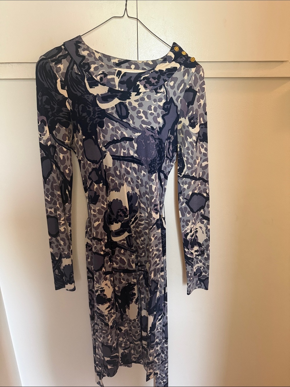 Tory Burch Navy & Cream Long Sleeve Printed Dress